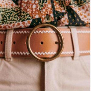 Sezane Alicia Leather Belt Natural Tan color with white Embroidery Size 80